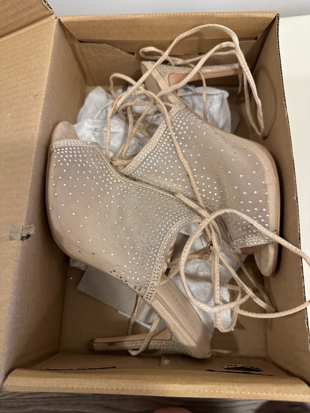 Le Chateau Crystal Beaded Nude Lace-Up Stiletto Sandal - Picture 3 of 11